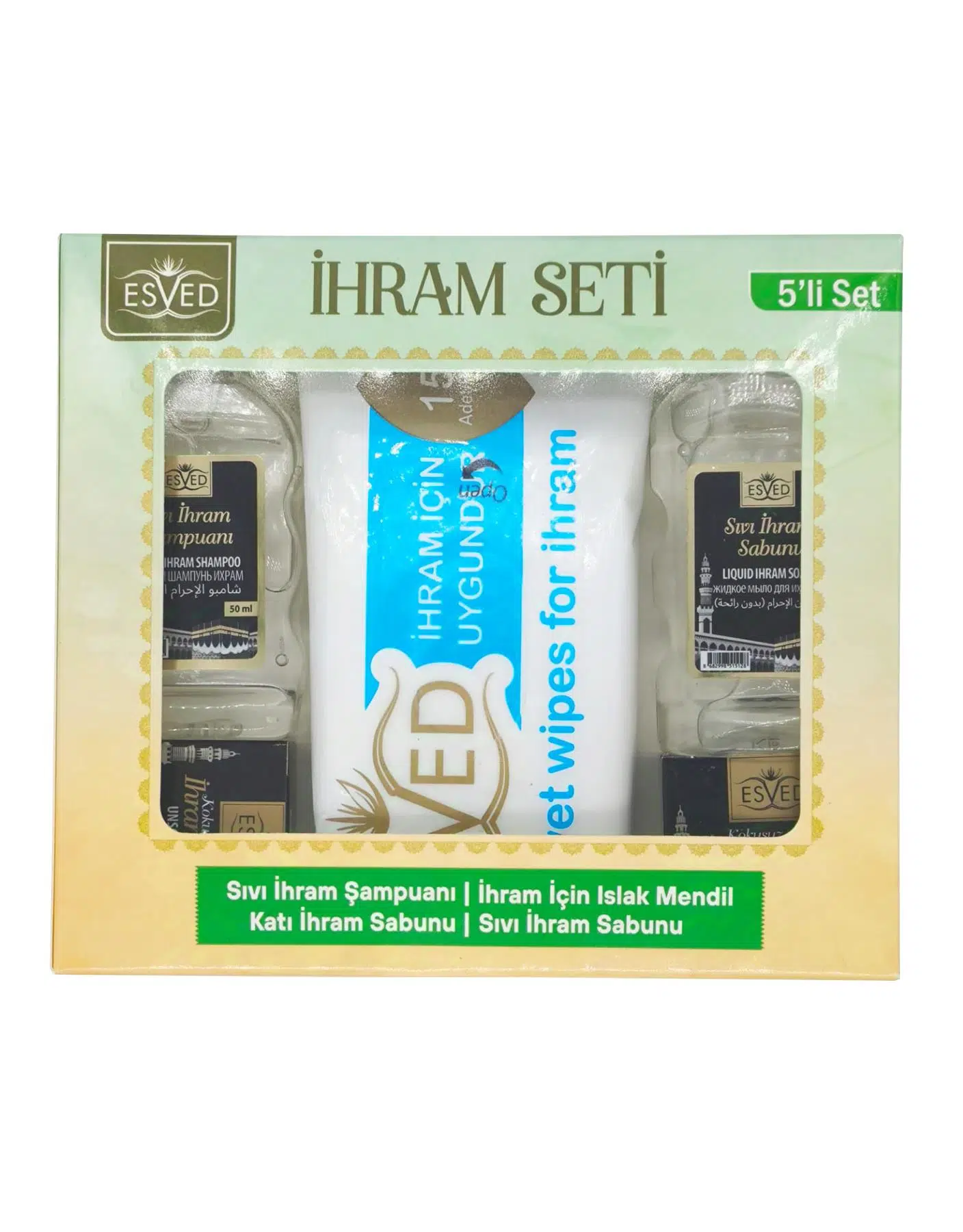 Kokusuz İhram Seti 5li , İhram Sıvı Sabunu, İhram Şampuan, İhram Katı Sabun, İhram Islak Mendil